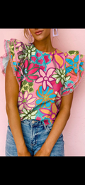 🌸 Bright Bloom Ruffle Sleeve Blouse